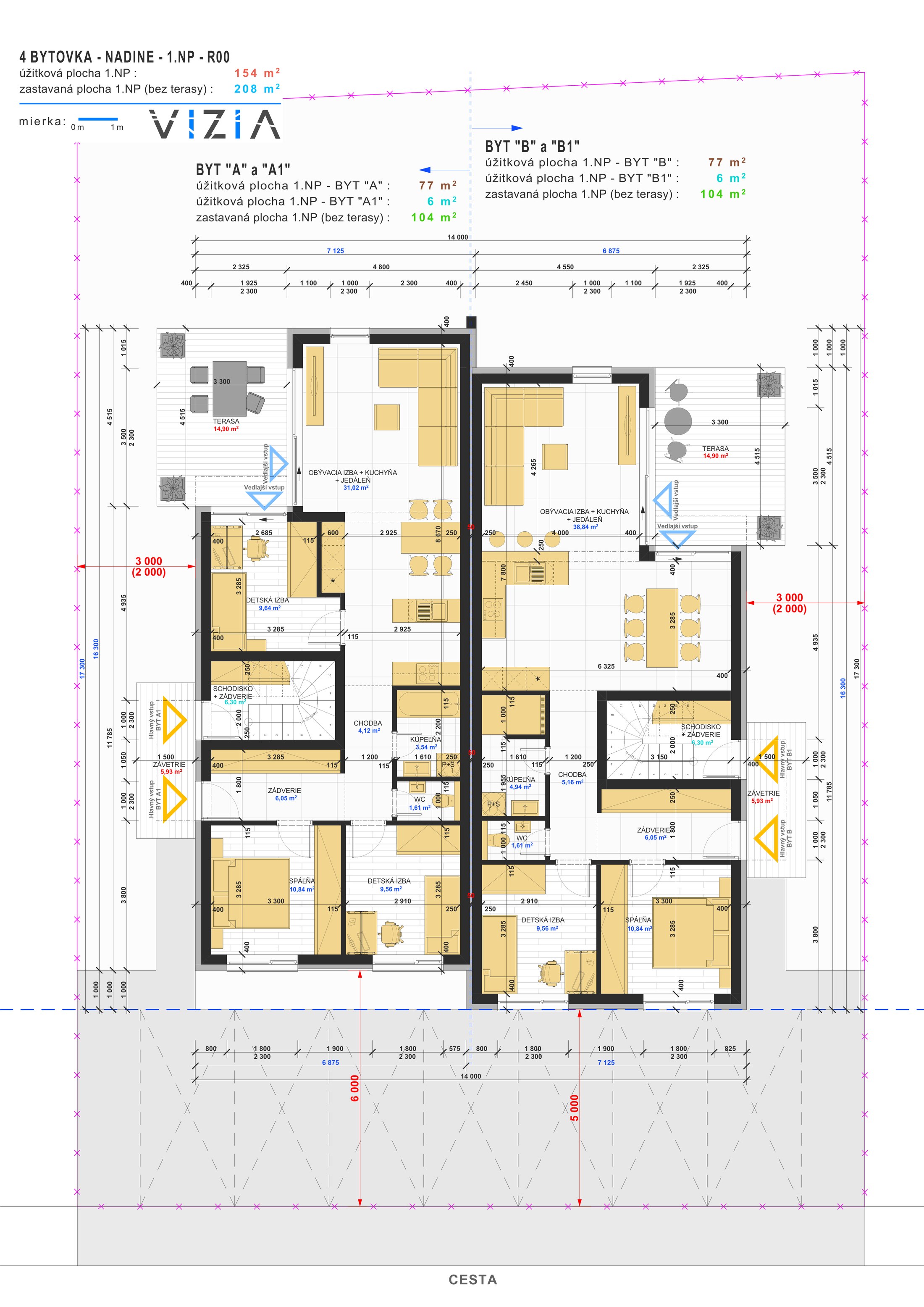 Štvorbytovka Nadine – Pôdorys – Byt A / B – prízemie (~77 m²)