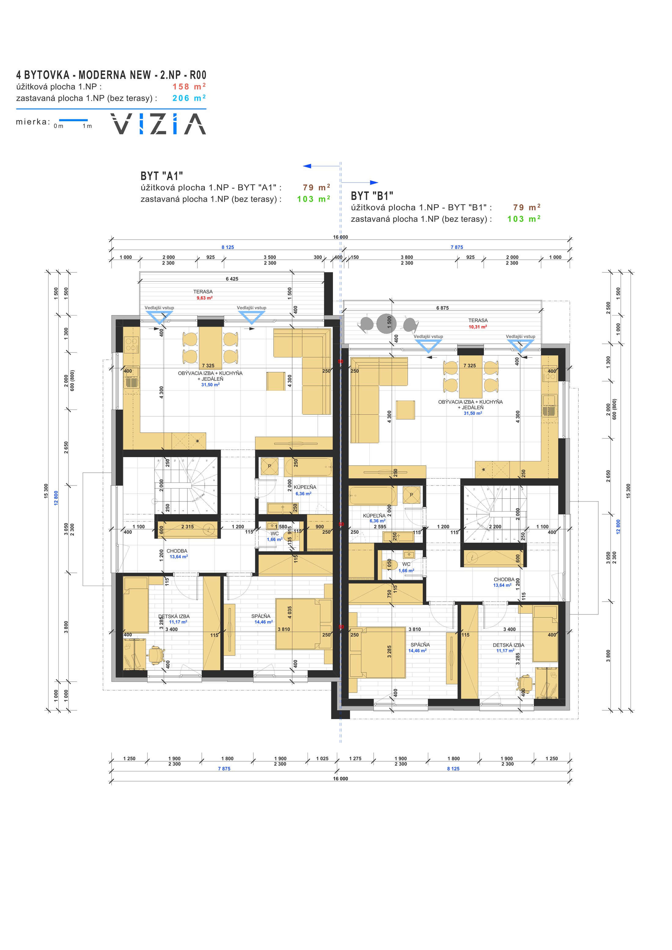 Štvorbytovka Moderna New – Pôdorys – Byt A1 / B1 – poschodie (~79 m²)