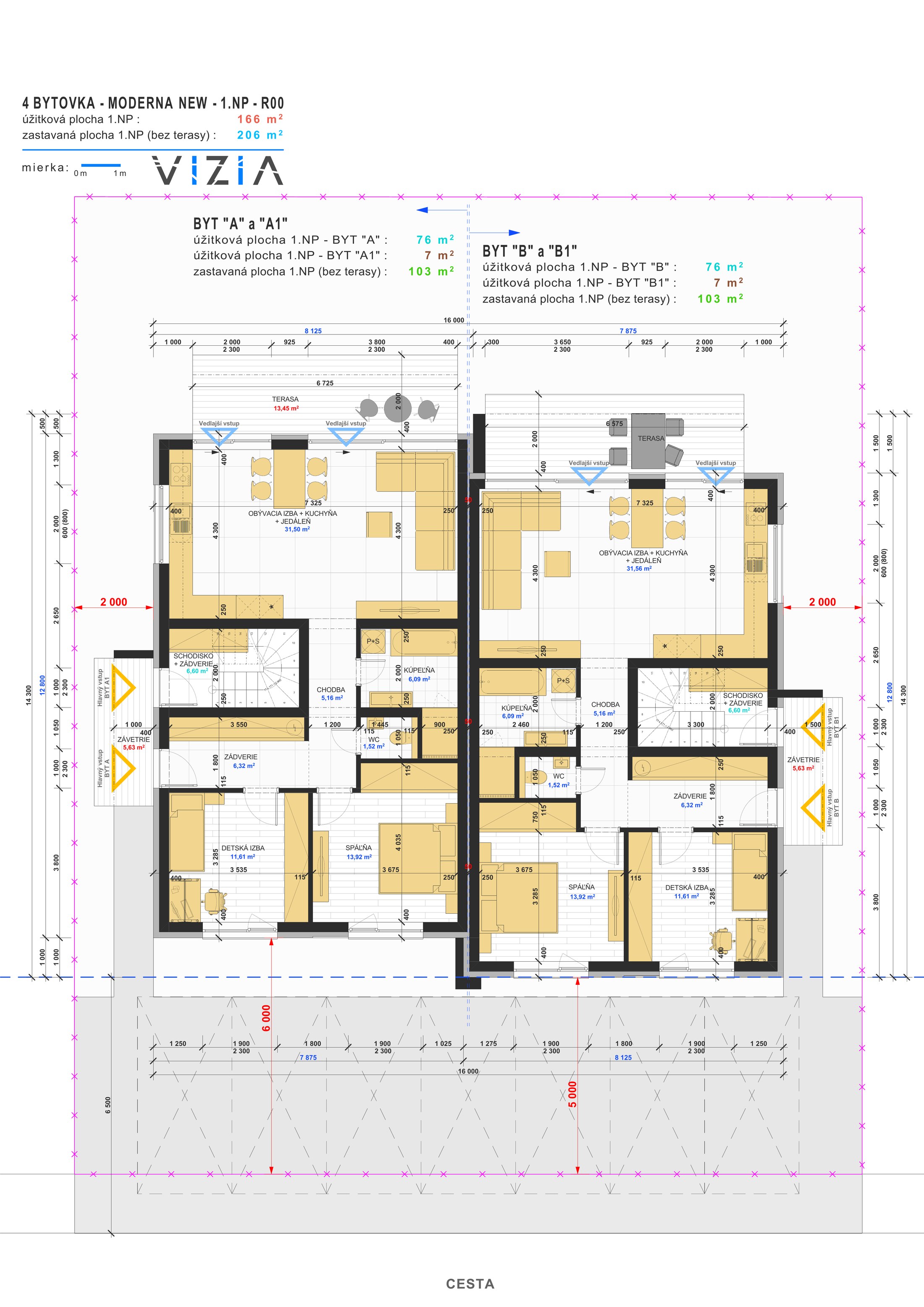 Štvorbytovka Moderna New – Pôdorys – Byt A / B – prízemie (~76 m²)